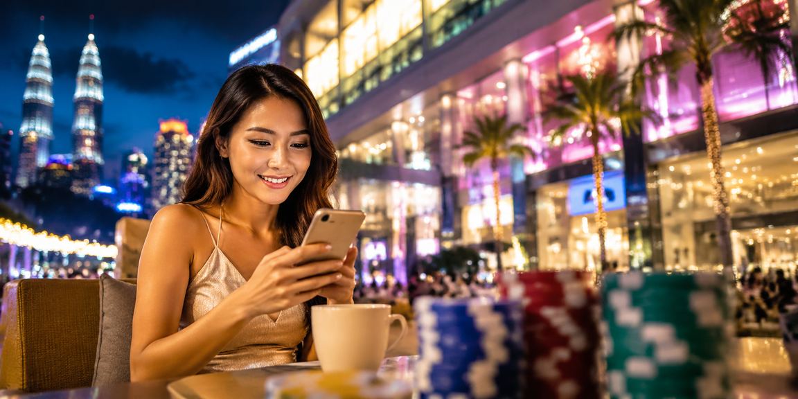 Pemain Kuala Lumpur mengakses kasino mudah alih rdr1 dengan telefon pintar dalam suasana tempatan
